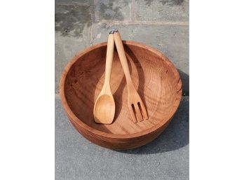 Large Wooden Salad Bowl And Utensils