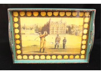 Laminate Tray With Golf Theme Motif Titled 'Tee Time', Signed On Verso, Inset Handles