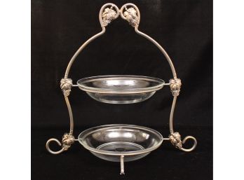 French Duralex Two Tier Server With Ornate Scroll Iron Footed Stand