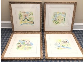 Set Of 'Eiffel Tower', L Opera And 'Notre Dame' Watercolor Signed 'Denise M'