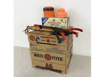 Lot Of Clay Pigeons And Pigeon Throwers