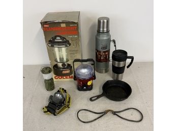 Lot Of Camping Equipment Lanterns Thermos