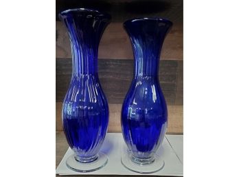 Two Tall & Shapely Cobalt Blue Swirl Pattern Glass Vases -One Is 12 1/4' And The Other Is 12 3/4' Tall