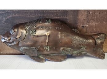 Original Hen- Feathers Bon Appetit Fish Clock Cold Cast Copper Layer Over Bonded Stone Composite
