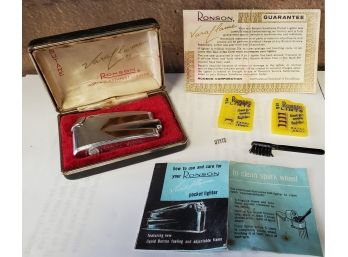 March, 1961 Ronson Varaflame Pocket Butane Cigarette Lighter- Rare & Smart Styling Wood Accent Side Panels