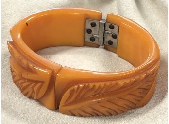 Beautiful Butterscotch Bakelite Bangle With Natural Leaf Pattern And Expandable Clasp