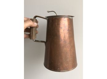 Large Vintage Copper Water Pitcher With Wooden Handle & Brass Hardware