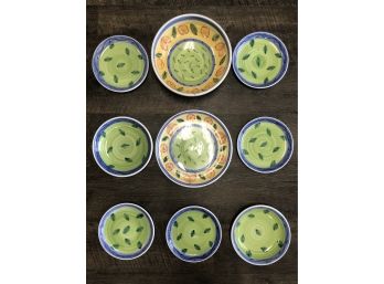 Beautiful Hand Painted Caleca Pottery Plates Made In Italy: Nine Piece Set Serving Bowls & Dinner Plates