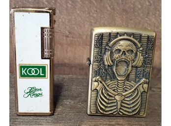 2 Unique Cigarette Lighters - Vintage Kool Filter Kings (cigarette Pack Form) & A Bohai Skeleton & Headphones