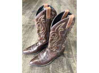 Mens Brown Leather Stitched Cowboy Boots Size 7 1/2 Code West