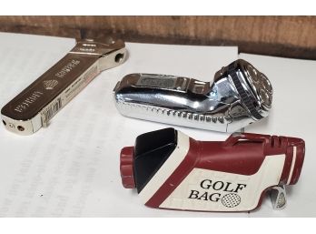Three Novelty Cigarette Lighters: Golf Bag Norelco Electric Shaver & A Wrench!