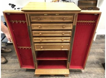 Large Deluxe Oak Jewelry Cabinet With Interior Red Felt,  5 Drawers, 2 Shelves, & 1 Secret Compartment