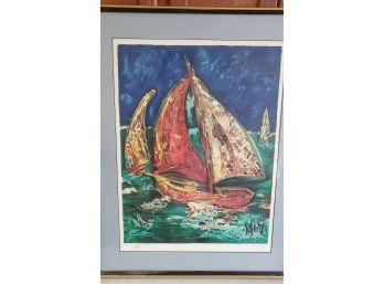 Artist- Signed Ultra- Colorful Lithograph By Athly -   Of Sail Boats On A Heavy Sea