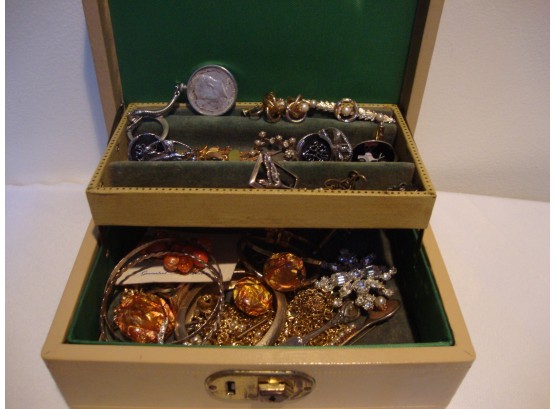 Vintage Jewelry Box With Costume Jewelry Content