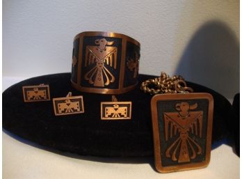 Solid Copper Set Cuff Bracelet, Necklace And Cufflinks