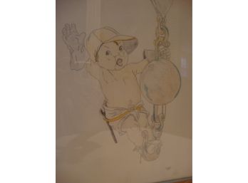 Drawing Signed ' Hickey' Boy On Wrecking Ball