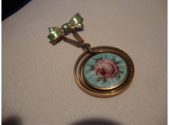 Vintage Enamel Guilloche Flower And Bow Pin