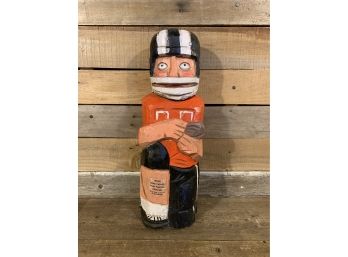 Wood Carved Football Player Liquor Bottle Safe