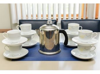 Set Of Eight Mikasa Serenade Coffee Cups/Saucers And Farberware Coffee Pot