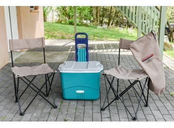 Pair Of No Boundaries Ford Outfitters Folding Outdoor Chairs With Carrying Bag And Rubbermaid Cooler