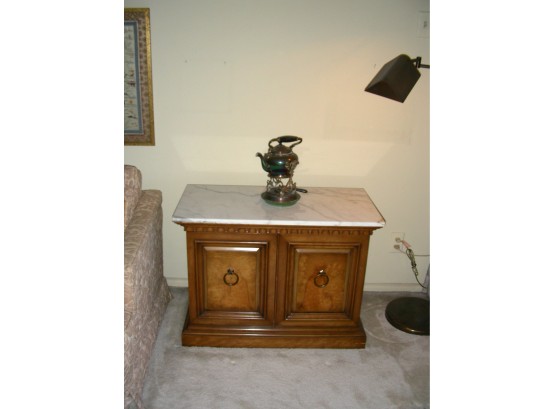 Marble Top Occasional Table With Dentil Molding, Shelf Within Cupboard Doors