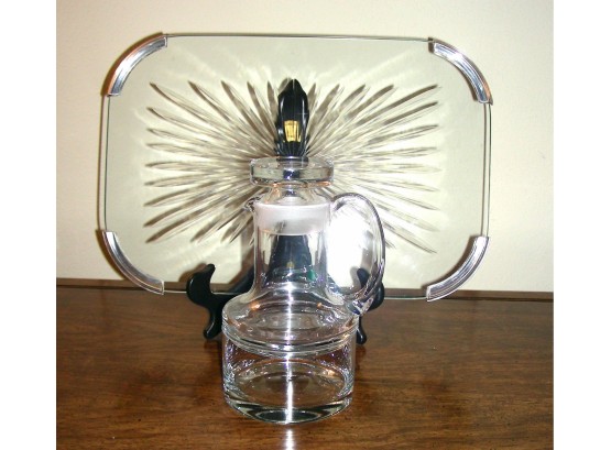 Amazing Glass Tray Or Trivet With Silverplate Corners And Stoppered Pitcher With Bowl