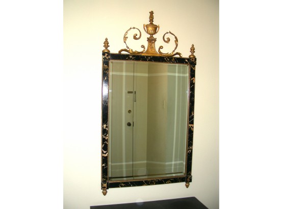 Beveled Mirror, With Urn Finial Decoration In Black And Gold Frame