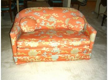 Upholstered Love Seat - Salmon-colored, Casters Under Front, 2 Matching Pillows