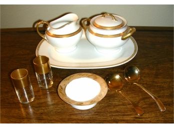 Lot: Gold Trimmed China And Glass - Manchester Sugar, Creamer, Tray