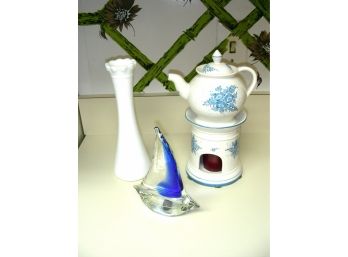 Teapot On Candle Warmer, Milk Glass Vase, Glass Sailboat