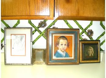 Lot Of 4: GF Picture Frame, Pen And Ink Violin Player, 2 Portraits
