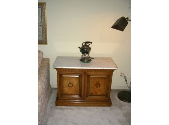Marble Top Occasional Table With Dentil Molding, Shelf Within Cupboard Doors