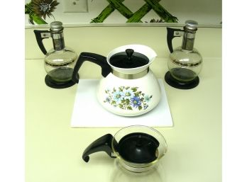 Corning Ware Pot And Trivet, And Glass Carafes