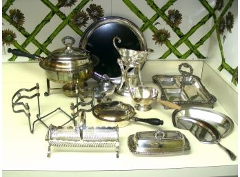 Silverplate And Metal Lot: 12 Pieces, Including Chafing Dish, Gravy On Stand, And More