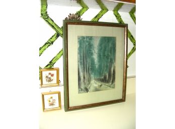 Watercolor With Chop Marks And Two Framed Dried Flower Pieces