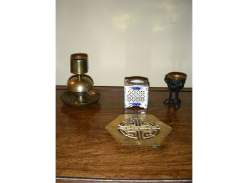 Lot Of 4 Items: Brass Bell, Blue And White Ceramic Match Holder And Striker, Trivet, Candle Holder