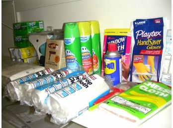Cleaning Supplies Lot: Light Bulbs, Dust Cloths, Rubber Gloves, Drop Cloths, Tub Mat, And More
