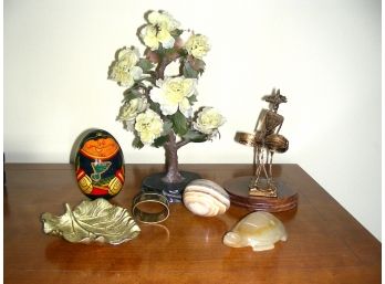 Miscellaneous Lot Of Decorative Items, Including Wire Drummer, Plastic Flowers, Metal Leaf Dish And More