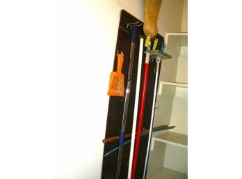 Brooms, Swiffer, Mop, 2 Yard Sticks (one Is Vintage)