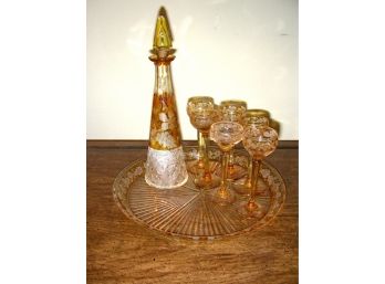 Cut To Clear Amber Decanter, 6 Cordials, And Tray