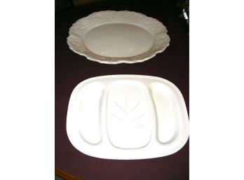 Lot: White China Serving Platters: One With Grape Leaf Design, One Well And Tree