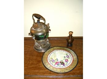 Brass Kettle On Stand, Cloisonne Vase On Stand, Doily