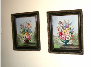 Lot Of 2: Framed Floral Art On Board