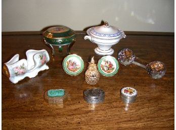 Miscellaneous Lot, Including Pillboxes, Toothpick Holder, Knife Rest, Limoges Mini Plates And More