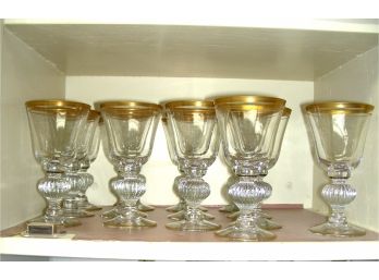 Set Of 14 Glass Goblets With Gold Bands And Ribbed Stems