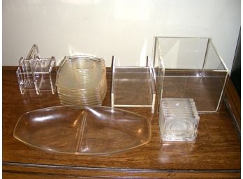 Lot Of Utilitarian Plastic And Acrylic Items: Coasters, Divided Bowl, Snack Plates And More