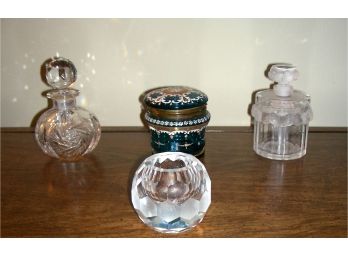 Lot: 4 Glass Pieces, Including Enameled Powder Box, French Stoppered Bottle And More