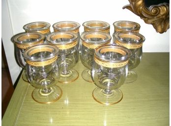 Set Of 10 Shrimp Cocktail Or Caviar Servers With Liners, Gold Bands At Top Rim  And On Foot Ring