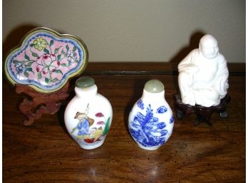 Two Snuff Bottles, Ceramic Buddha, Chinese Pin Tray On Stand