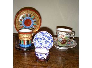 Three International Cup And Saucer Sets, 2 With Stands: MIJ, Victoria Austria, Spode Copeland, England